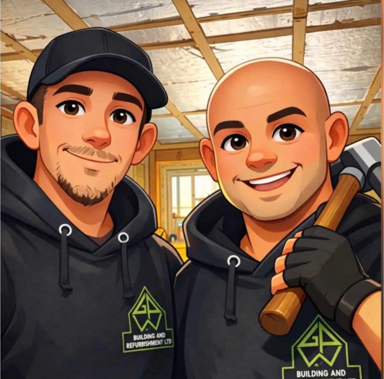 Illustration of James and Greg in black GPW hoodies on a building site, one holding a sledgehammer